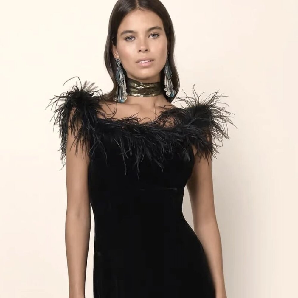 BARI JAY Feather Boa Formal Gown Black Silver Lamé 10 MSRP $300